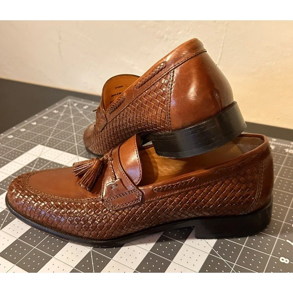 8 M Woven Leather Tassel Loafers J&M Johnston Murphy Dress Shoes Cognac Brown